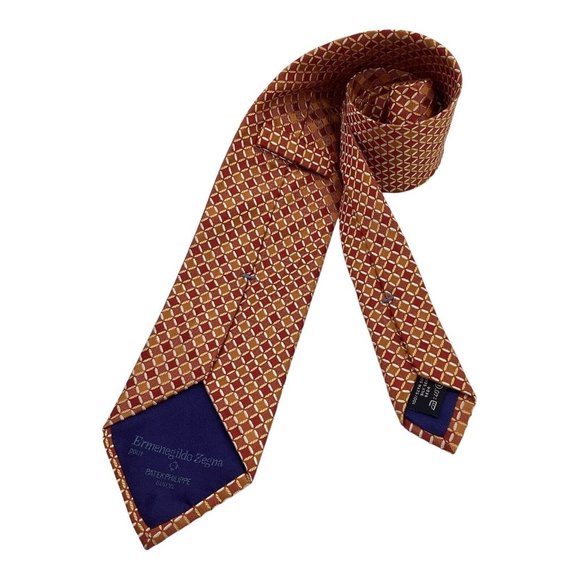 PATEK PHILIPPE By ERMENEGILDO ZEGNA Orange Geometric Silk Tie Italy 59"-3.5" E.C - Picture 3 of 6